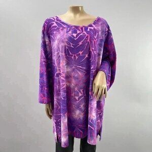 Catherines Tunic Shirt 2X Purple Pink Tie Dye Floral Retro Long Sleeve Boho Top